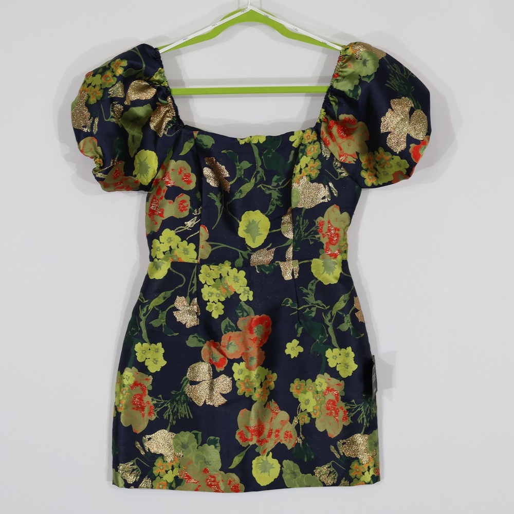 Lulus Floral Brocade Mini Dress Womens Medium Blue Metallic Puff Sleeve NWT
